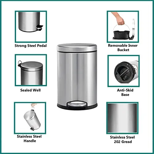 MOFNA Stainless Steel Plain Pedal Dustbin With Buckets (7"X10") (Set Of 2, 5 -Liter)