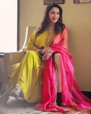 Nadira Lime Yellow Silk Madhuri Dixit Butti BackYokeKurtaSet