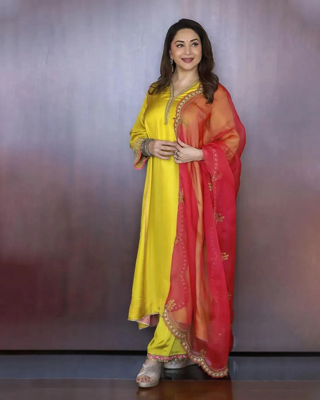 Nadira Lime Yellow Silk Madhuri Dixit Butti BackYokeKurtaSet
