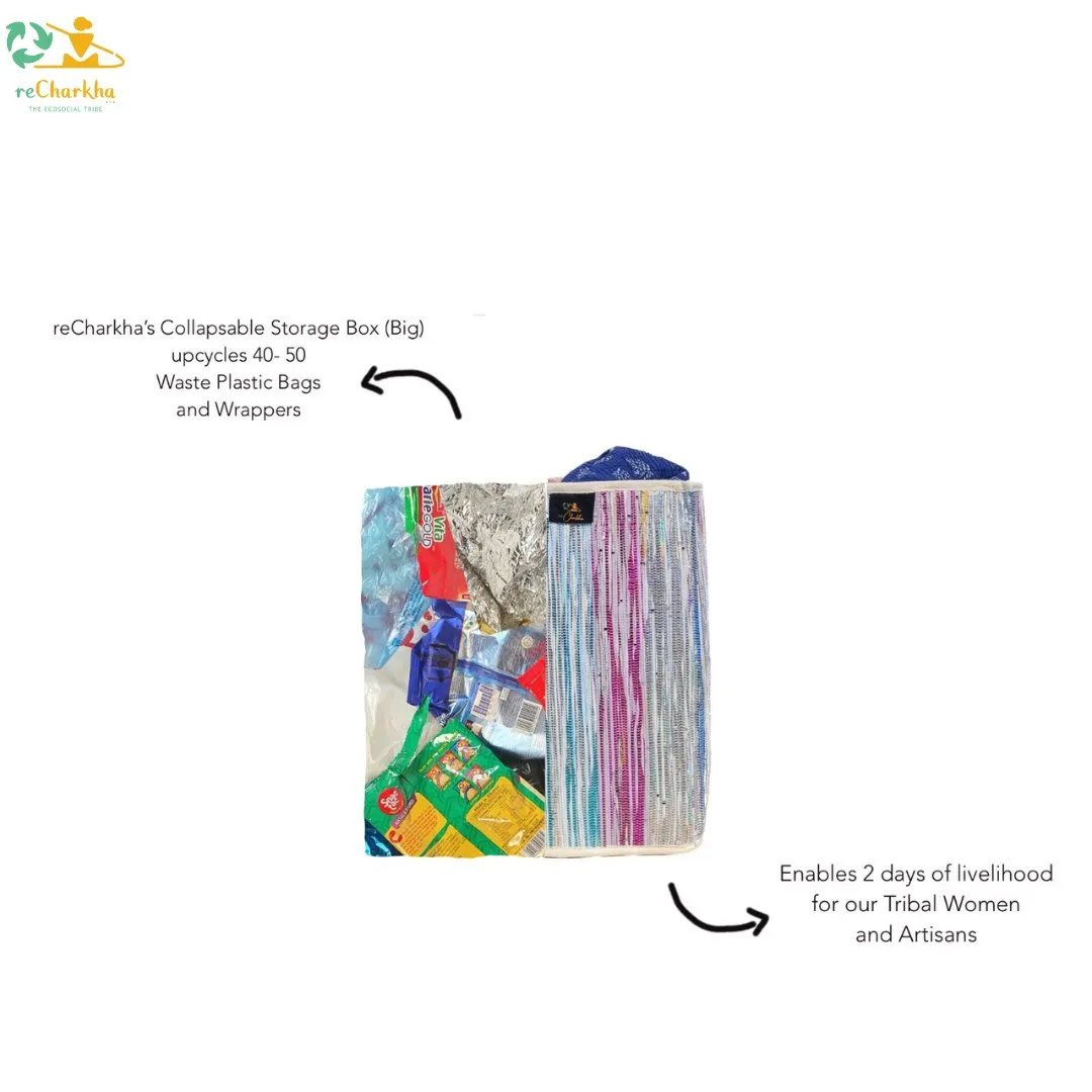 Non Shimmery Blue Collapsible Storage Box Big with Multicolored Stripes (CSBB1023-007)