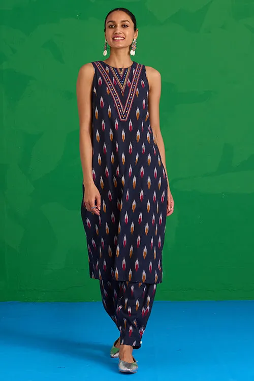 Okhai “Morning Glory” Hand-Embroidered Tikki and Mirror work Ikkat Pure Cotton Kurta