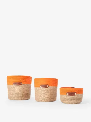 Orange and beige woven basket ( set of 3 )