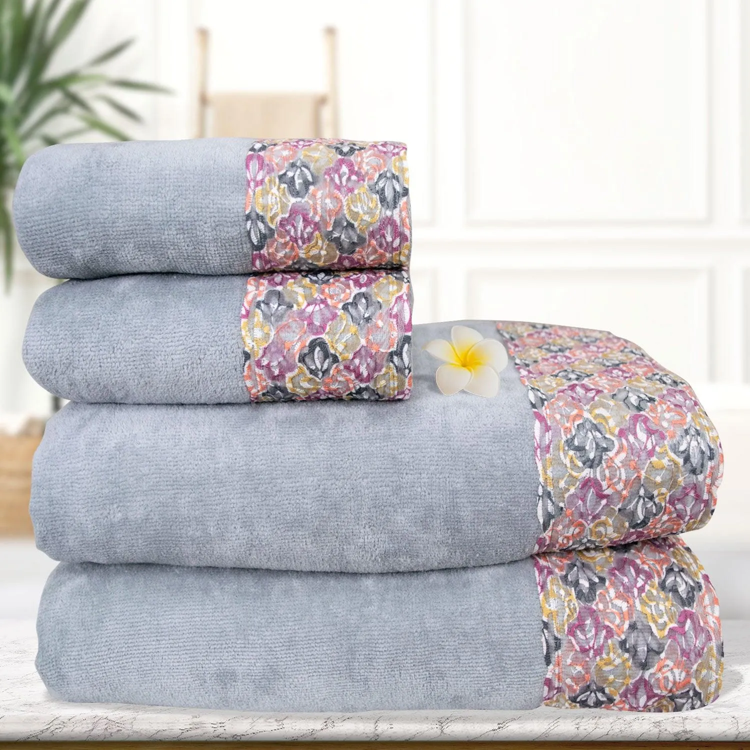 Prima Lace 100% Cotton Bath and Hand Towel Set of 4 | Ultra Soft, Highly Absorbent Luxurious Towels