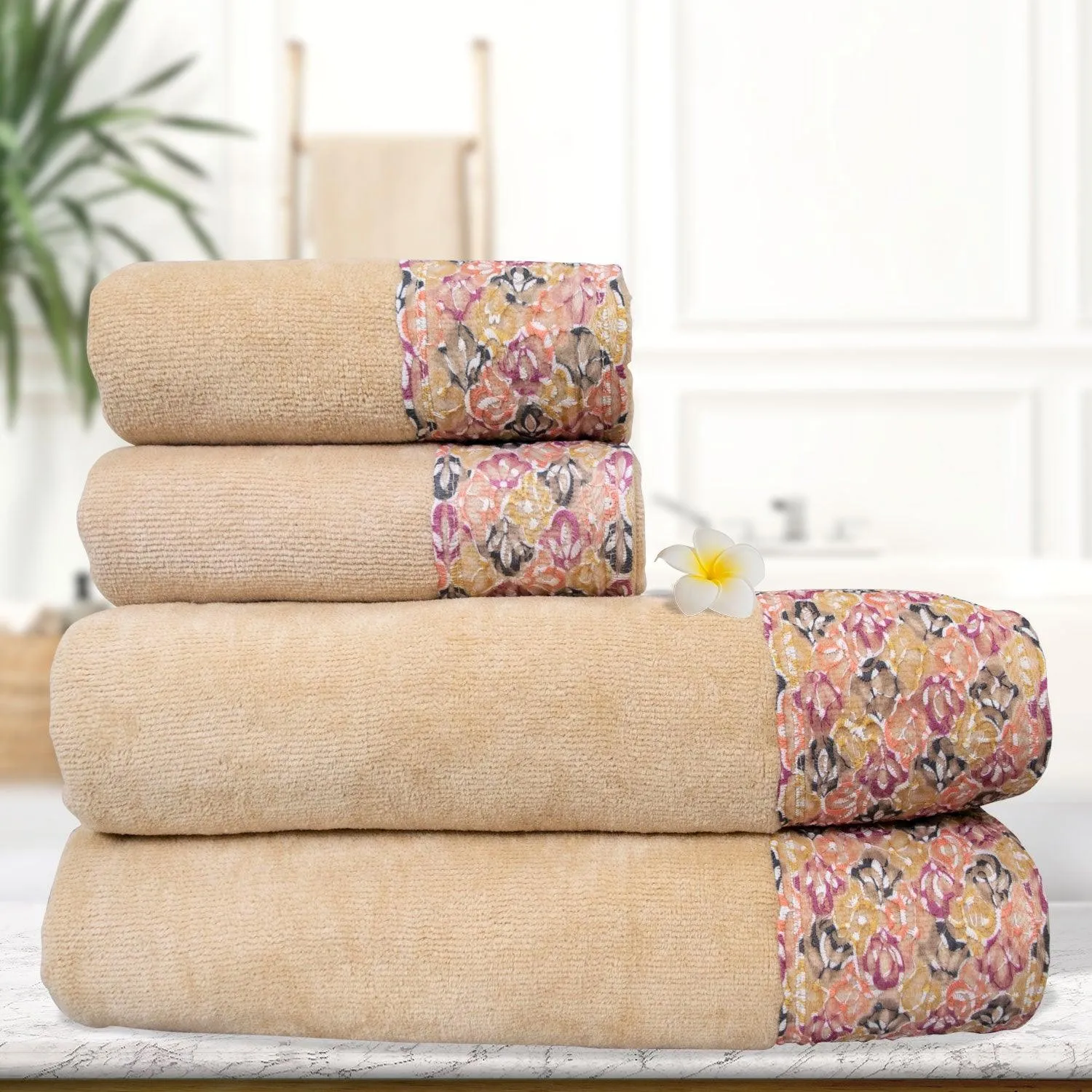 Prima Lace 100% Cotton Bath and Hand Towel Set of 4 | Ultra Soft, Highly Absorbent Luxurious Towels