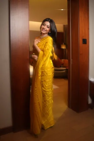 Rashmika Mandana Self Stripe Yellow Saree
