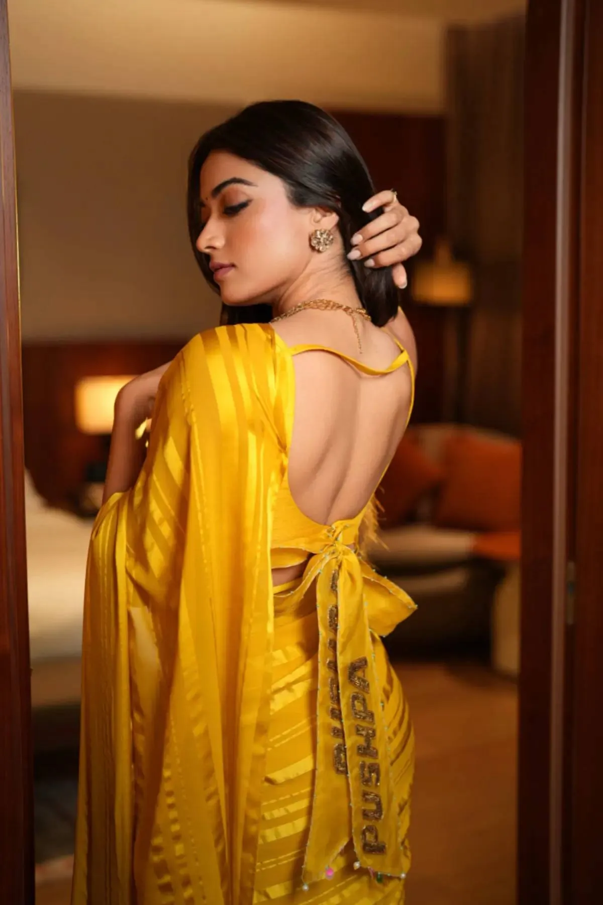 Rashmika Mandana Self Stripe Yellow Saree