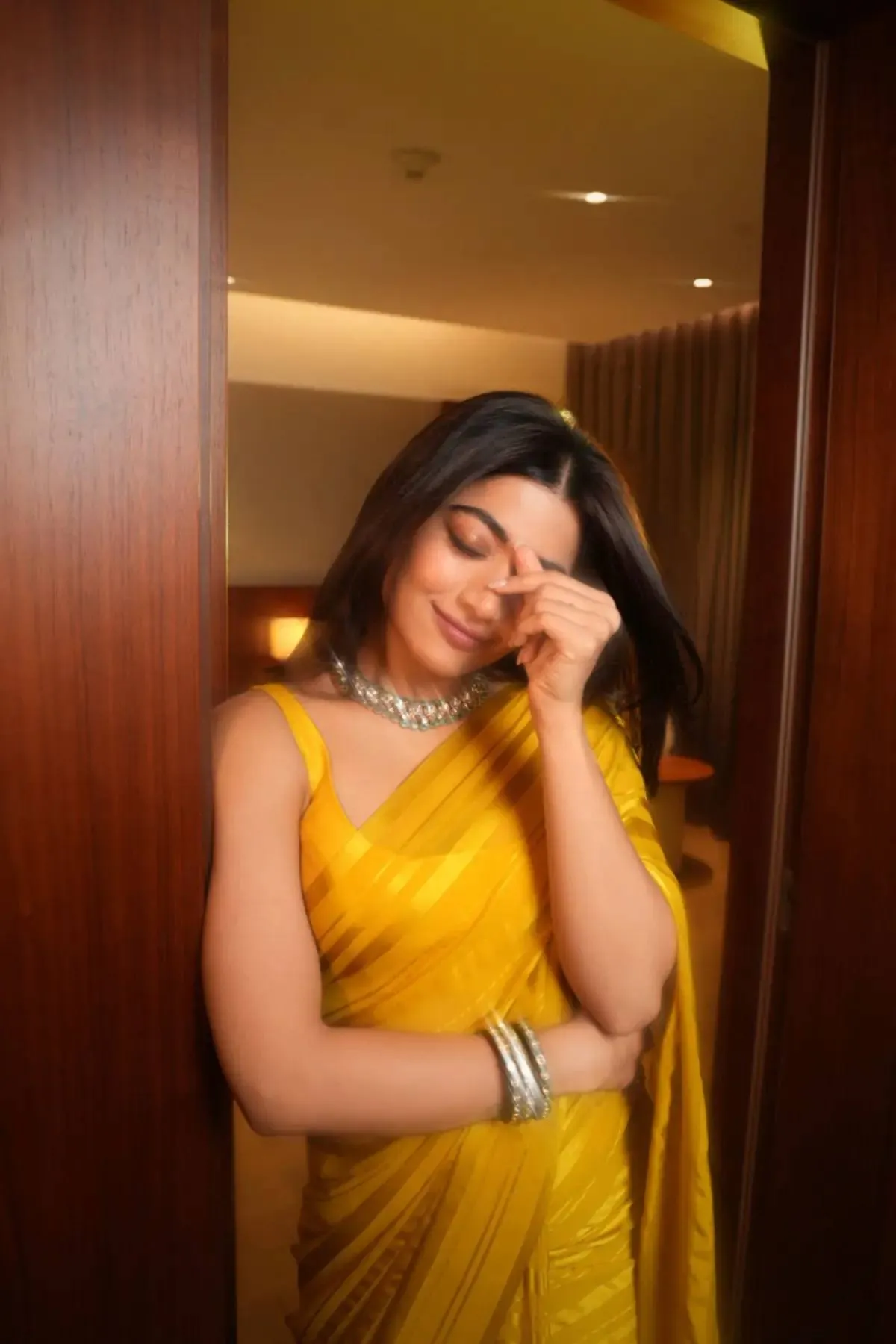 Rashmika Mandana Self Stripe Yellow Saree