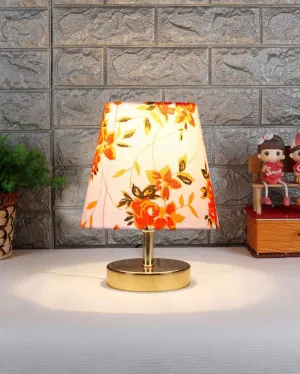 Rose & Leaf Printed Cotton Round Metal Gold Table Lamp | 6 x 8 inches