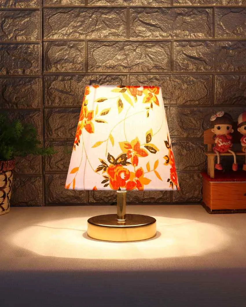 Rose & Leaf Printed Cotton Round Metal Gold Table Lamp | 6 x 8 inches