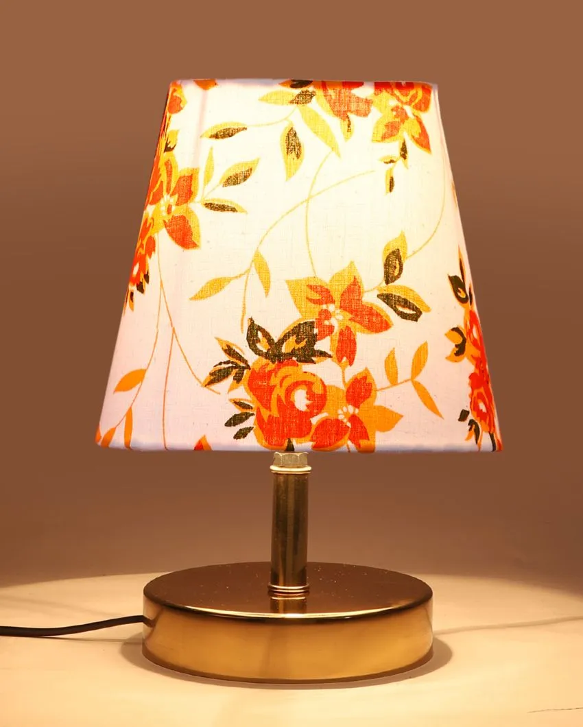 Rose & Leaf Printed Cotton Round Metal Gold Table Lamp | 6 x 8 inches