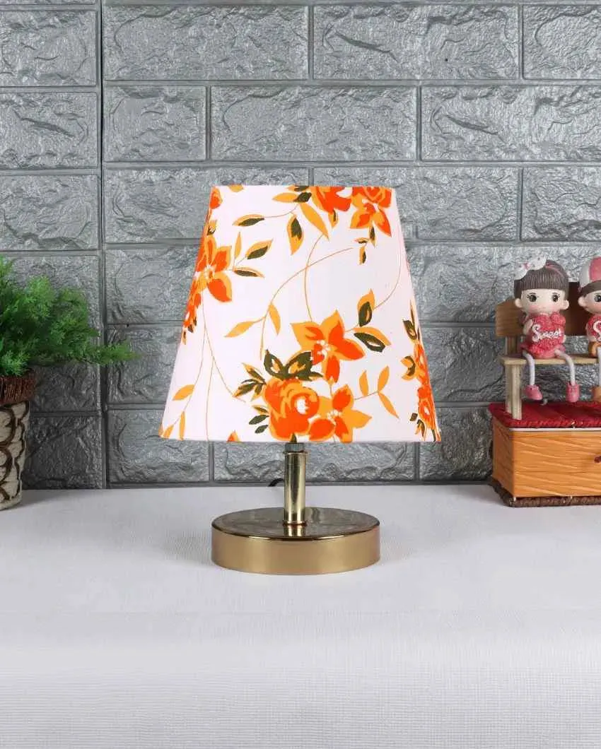 Rose & Leaf Printed Cotton Round Metal Gold Table Lamp | 6 x 8 inches