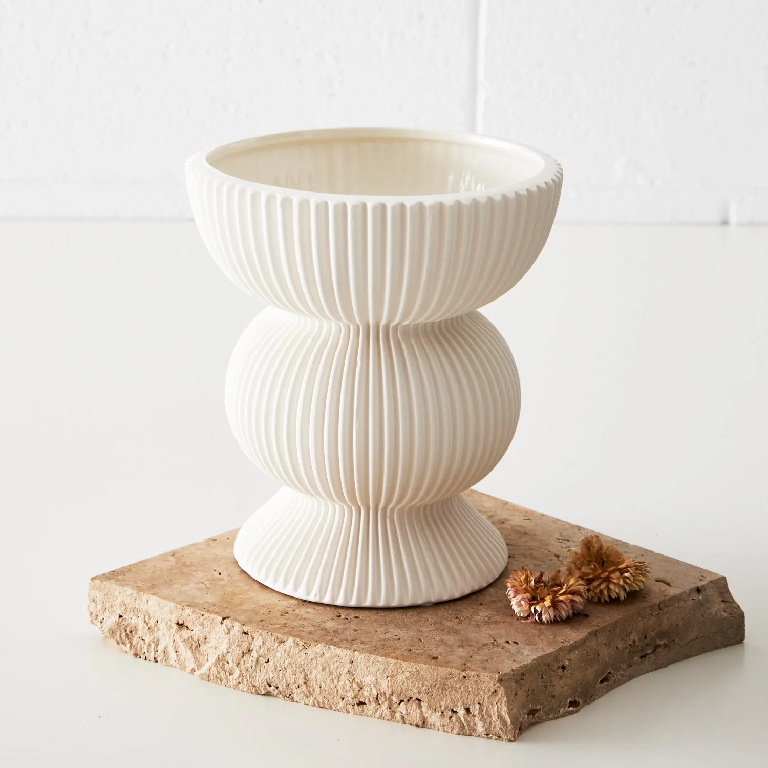 Round Corrugated Ceramic Vase White