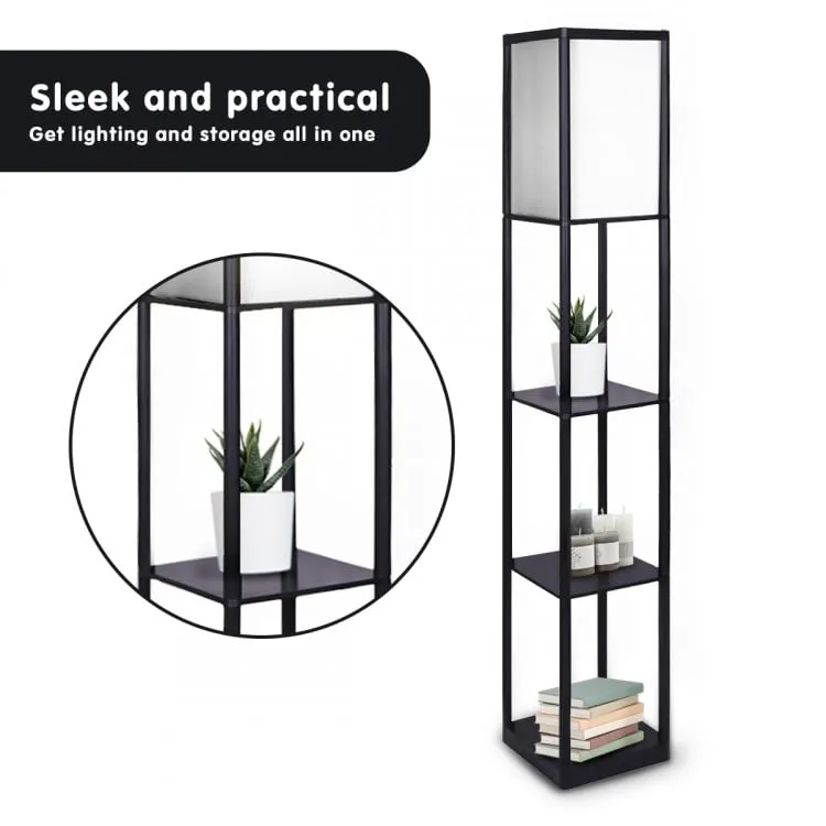 SARANTINO ETAGERE FLOOR LAMP SHELVES IN BLACK FRAME WITH FABRIC SHADE