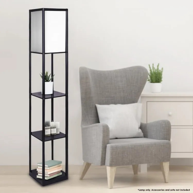 SARANTINO ETAGERE FLOOR LAMP SHELVES IN BLACK FRAME WITH FABRIC SHADE