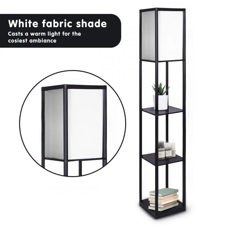 SARANTINO ETAGERE FLOOR LAMP SHELVES IN BLACK FRAME WITH FABRIC SHADE