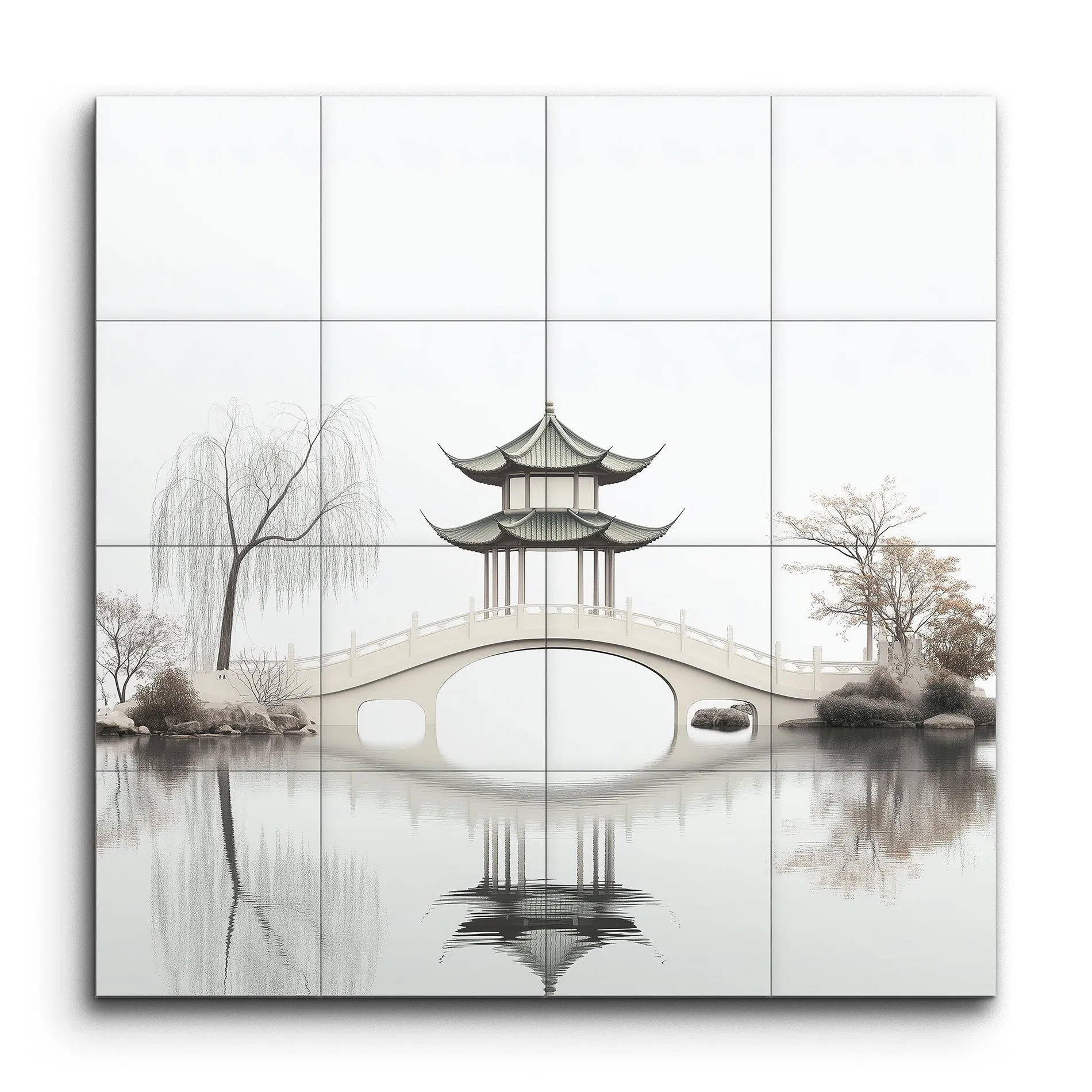 Serene East Asian Pagoda Bridge Reflection