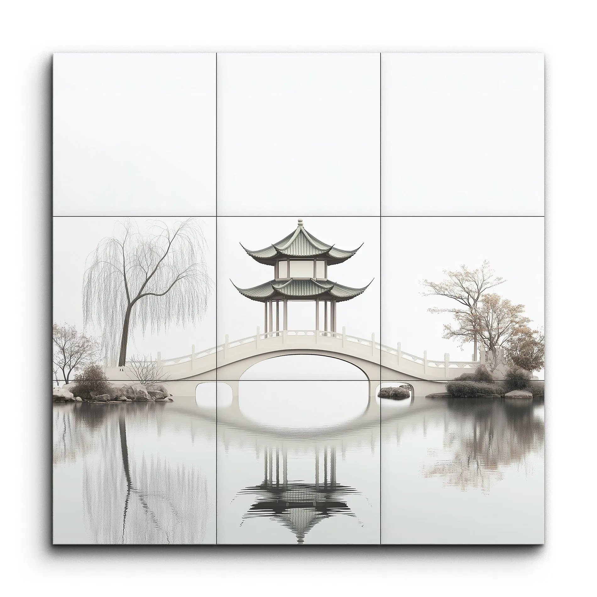 Serene East Asian Pagoda Bridge Reflection
