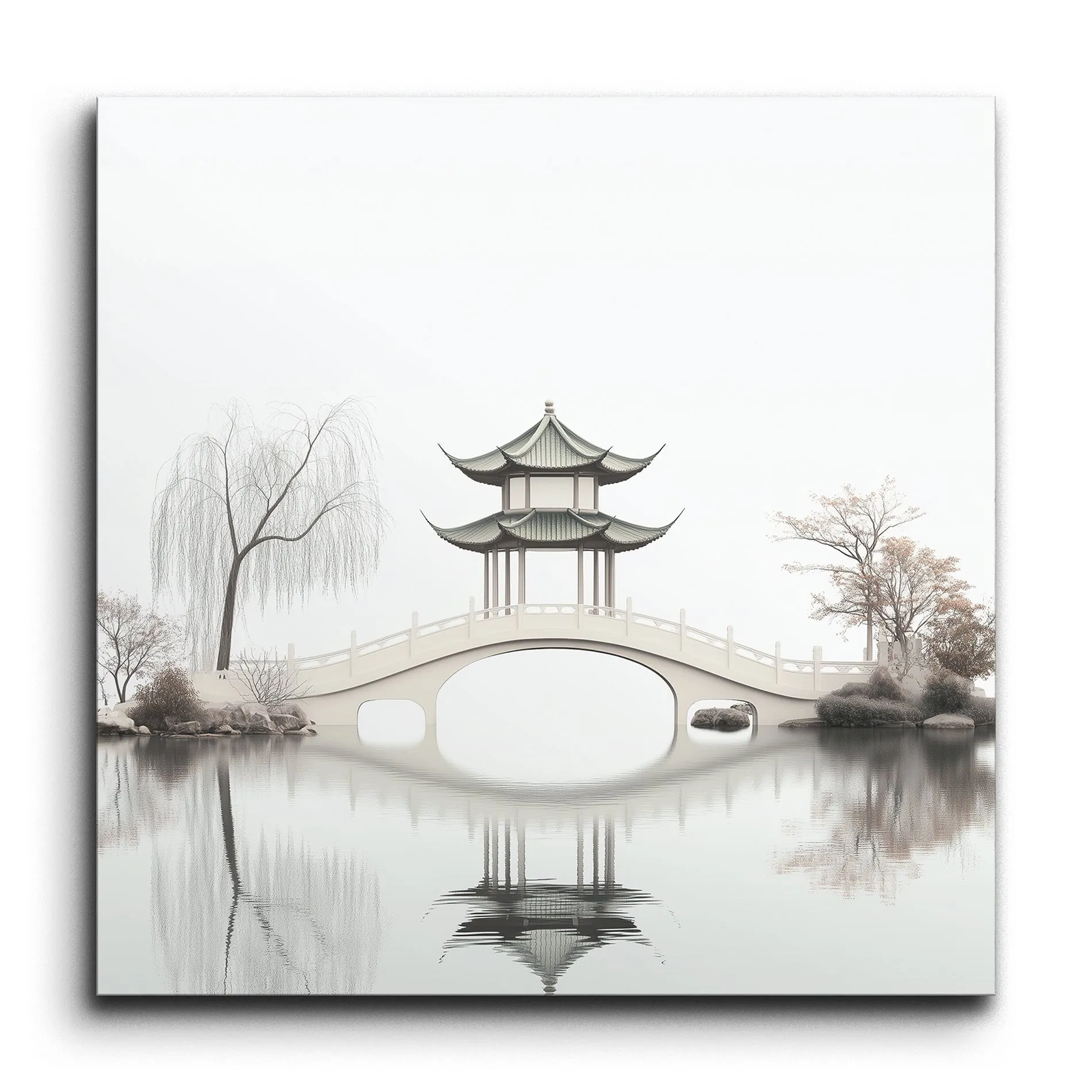 Serene East Asian Pagoda Bridge Reflection