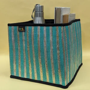 Shimmery Golden and Green Striped Upcycled Handwoven Collapsible Storage Basket Medium (CSBM0824-015) PS_W