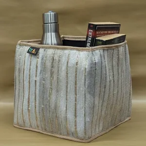 Shimmery Golden and White Striped Upcycled Handwoven Collapsible Storage Basket Medium (CSBM0624-008) PS_W