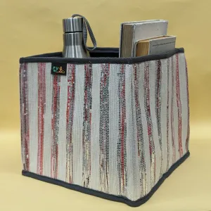 Shimmery Sliver Red and White Striped Upcycled Handwoven Collapsible Storage Basket Medium (CSBM0824-008) PS_W
