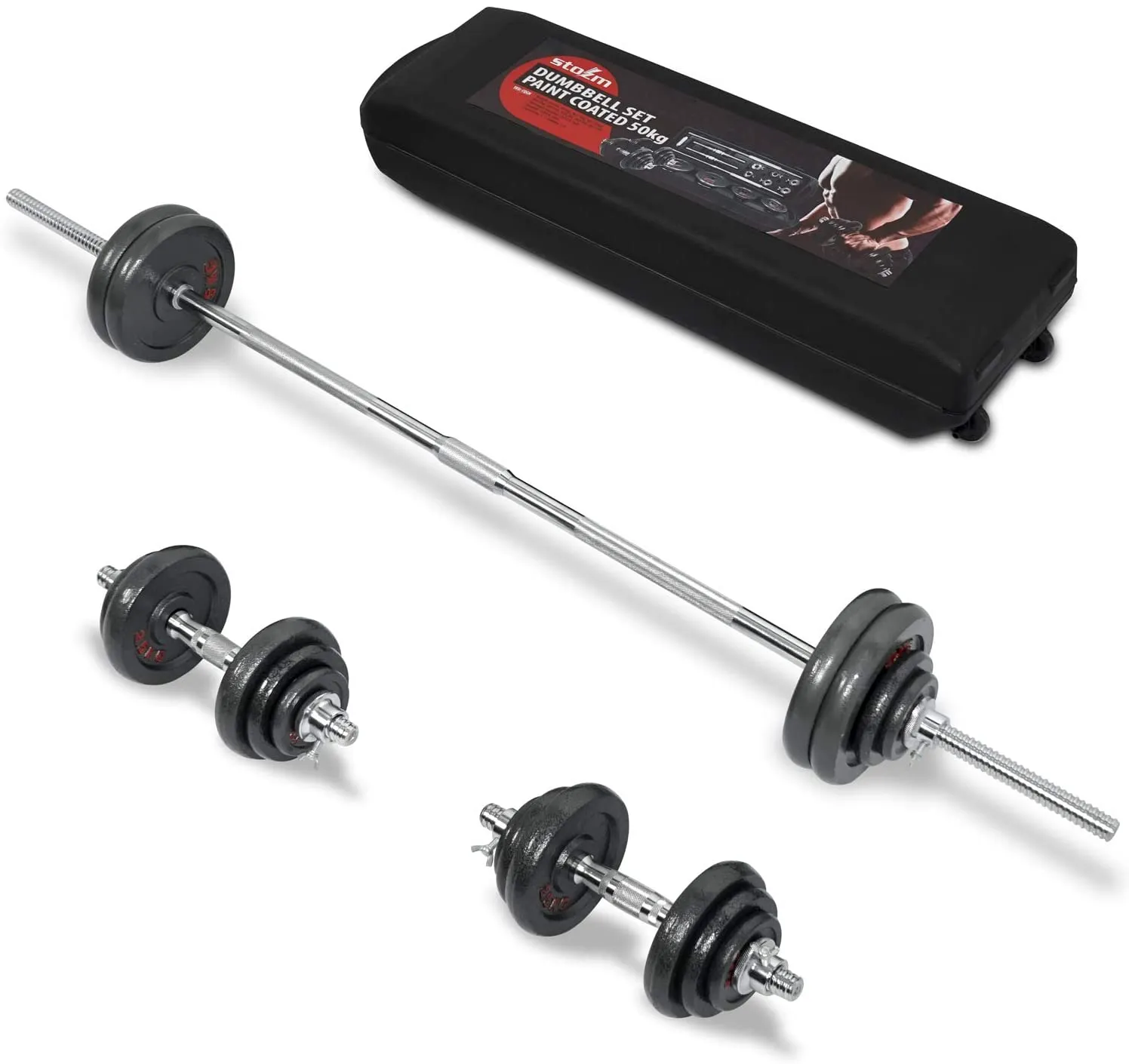 STOZM Dumbbell Set 110lbs Chrome and Paint Coated with Carry Case – Versatile Chrome Dumbbell Set with Barbell, Connector, 20 Weight Plates, 2 Dumbbell Handles & 6 Collars