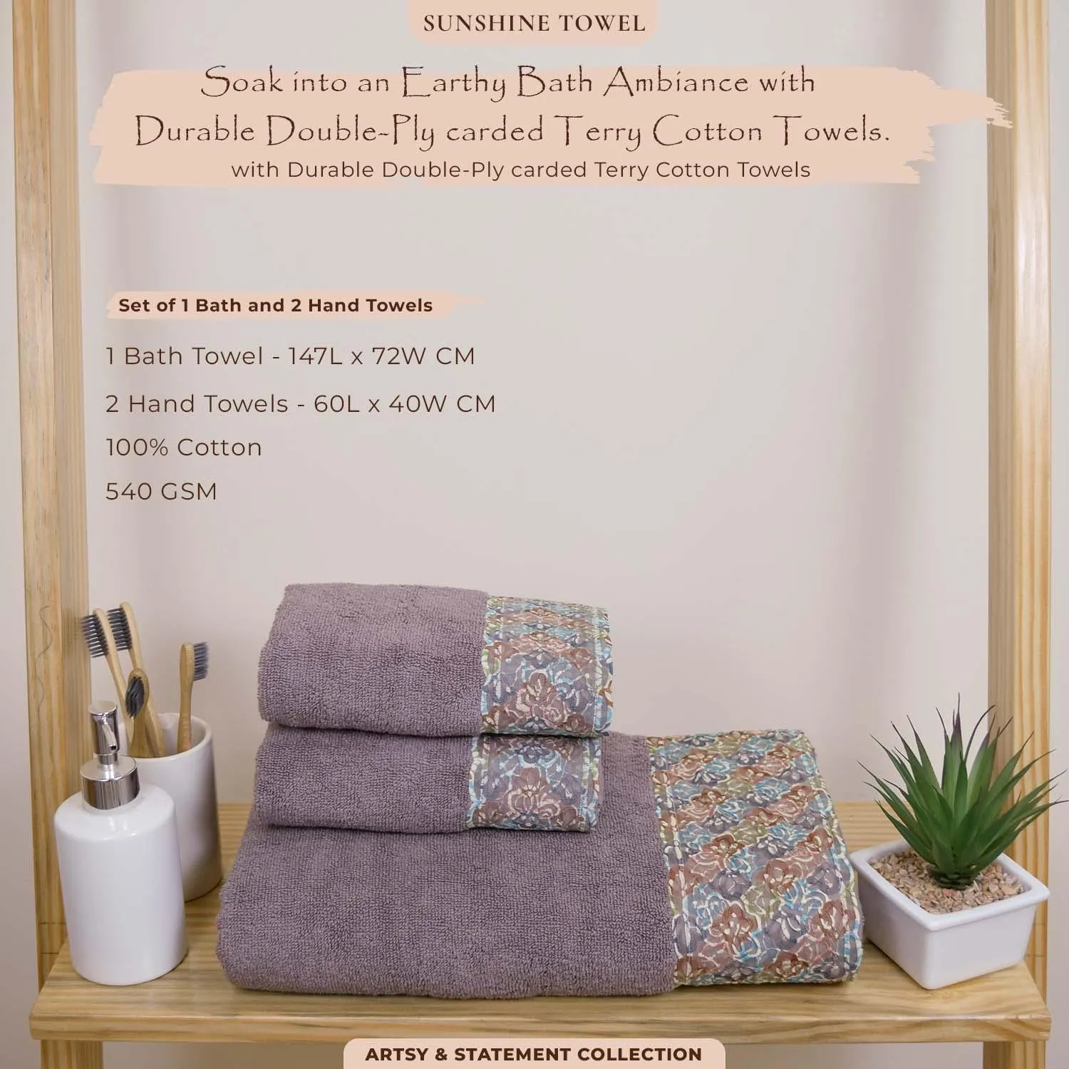 Sunshine 550 GSM Cotton Towel Set of 3 | Ultra Soft, Extra Absorbent Luxurious Towels