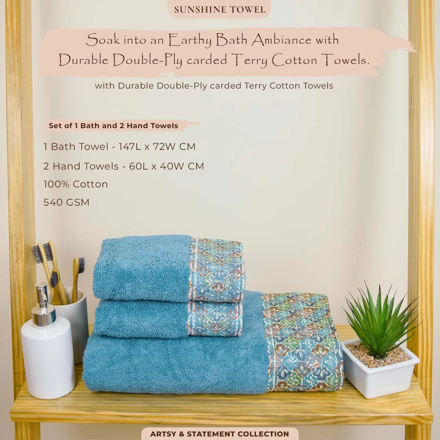 Sunshine 550 GSM Cotton Towel Set of 3 | Ultra Soft, Extra Absorbent Luxurious Towels