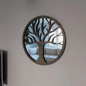 TOUCH WOOD HANDICRAFT Wall Hanging Mirror Frame Tree Design for Home Decor/Wooden Mirror Panel Antique Brown Color 18X18 Inch
