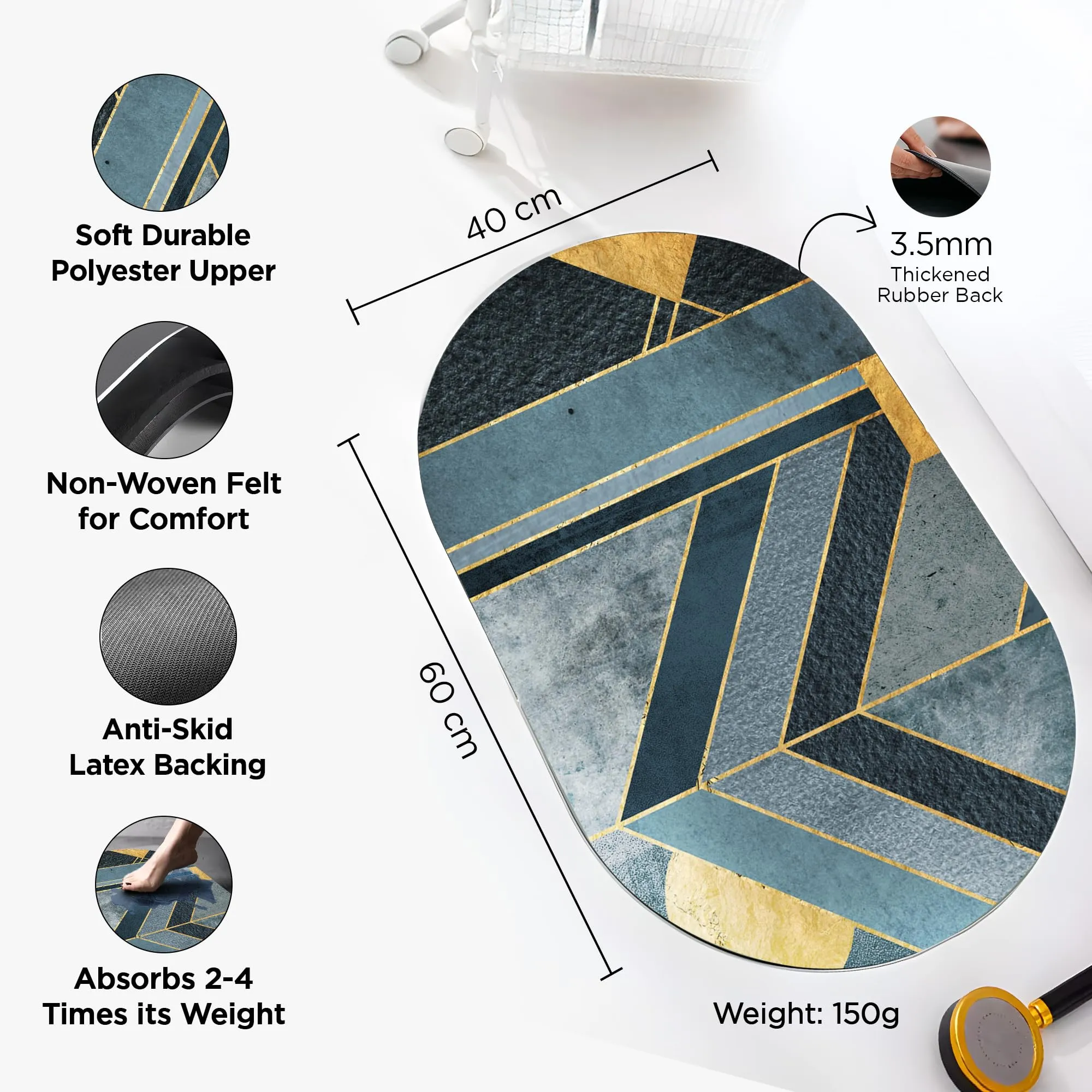 UMAI Polyester Non-woven Felt Bathroom Mat (40*60cm) Bath Mat | Anti Skid Mat for Bathroom Floor | Bathroom Accessories | Bathroom Mats Water Soak | Non Slip Mat for Bathroom | Floor Mat (Multicolour)