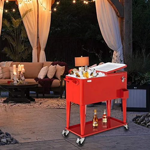 VINGLI 80 Quart Rolling Ice Chest on Wheels, Portable Patio Party Bar Drink Cooler Cart, with Shelf, Beverage Pool with Bottle Opener,Water Pipe and Cover (Red)