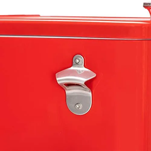 VINGLI 80 Quart Rolling Ice Chest on Wheels, Portable Patio Party Bar Drink Cooler Cart, with Shelf, Beverage Pool with Bottle Opener,Water Pipe and Cover (Red)
