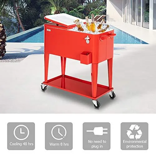 VINGLI 80 Quart Rolling Ice Chest on Wheels, Portable Patio Party Bar Drink Cooler Cart, with Shelf, Beverage Pool with Bottle Opener,Water Pipe and Cover (Red)