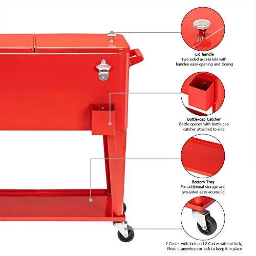 VINGLI 80 Quart Rolling Ice Chest on Wheels, Portable Patio Party Bar Drink Cooler Cart, with Shelf, Beverage Pool with Bottle Opener,Water Pipe and Cover (Red)