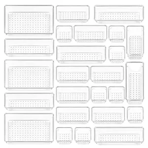 Vtopmart 25 PCS Clear Plastic Drawer Organizers Set, 4-Size Versatile Bathroom and Vanity Drawer Organizer Trays, Storage Bins for Makeup, Bedroom, Kitchen Gadgets Utensils and Office