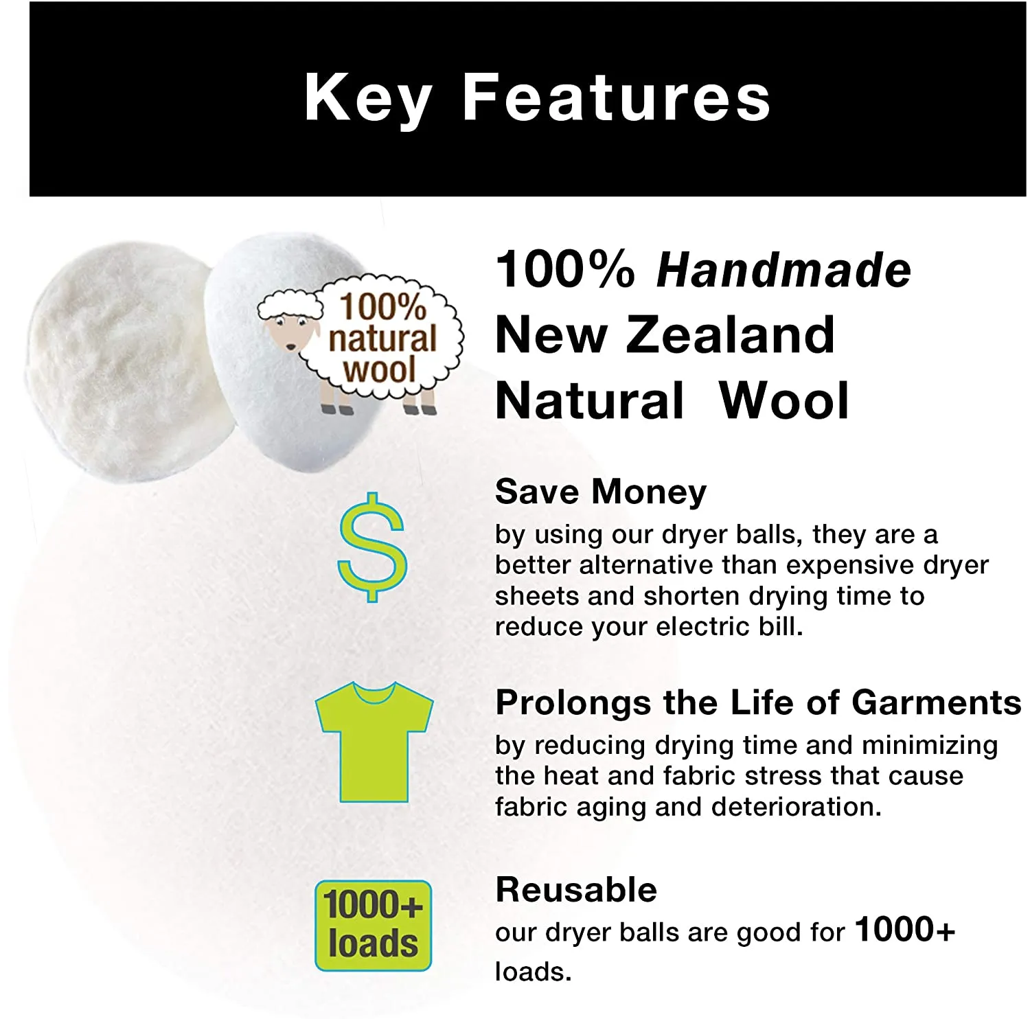 Wool Dryer Balls - Natural Eco Fabric Softener - Eliminates Wrinkles & Reduces Static (6 Pack)
