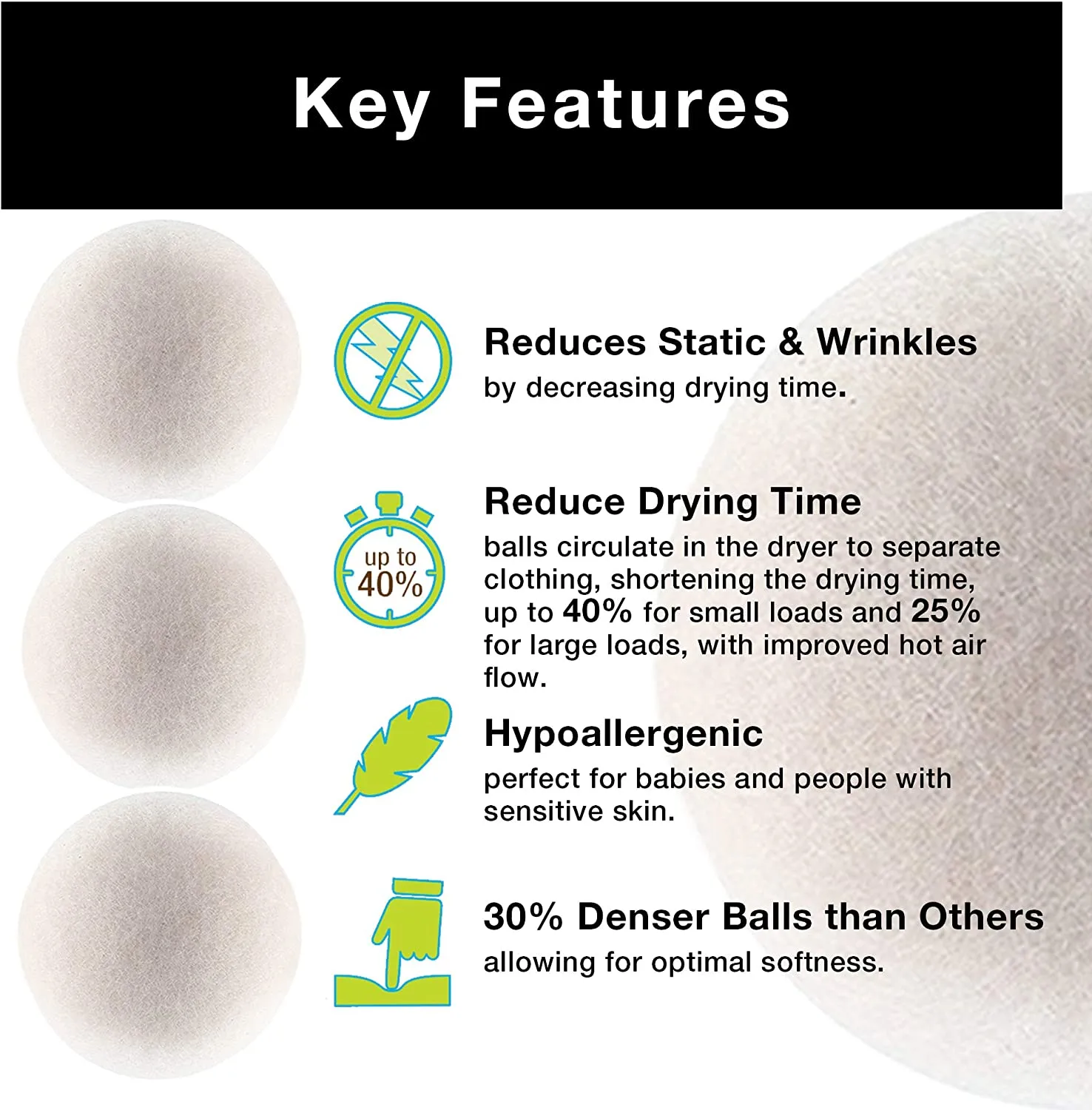 Wool Dryer Balls - Natural Eco Fabric Softener - Eliminates Wrinkles & Reduces Static (6 Pack)