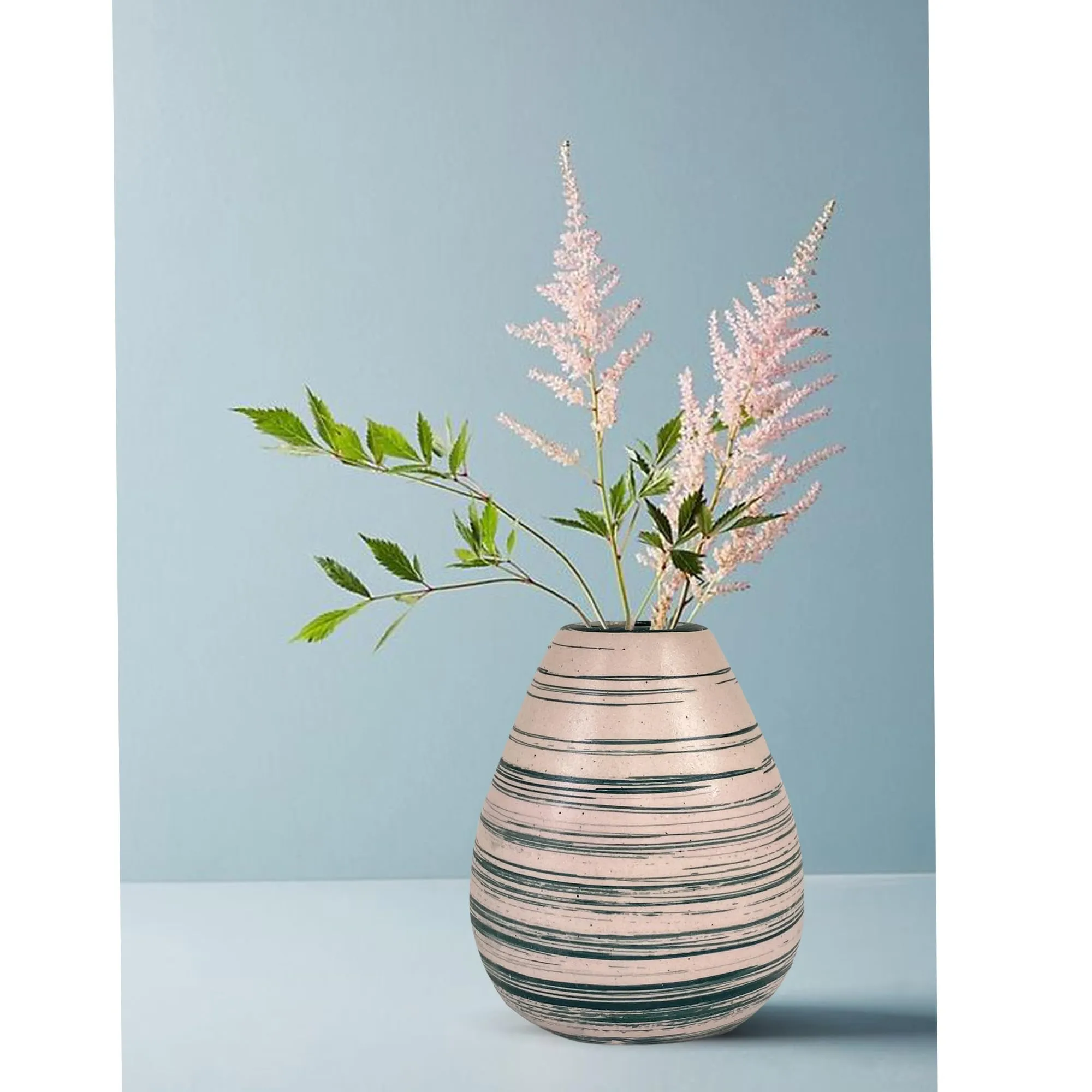 Xtore Marbled Ceramic VASE with Green Striped Pattern for Home Decor (Pack of 1, Green and Cream)